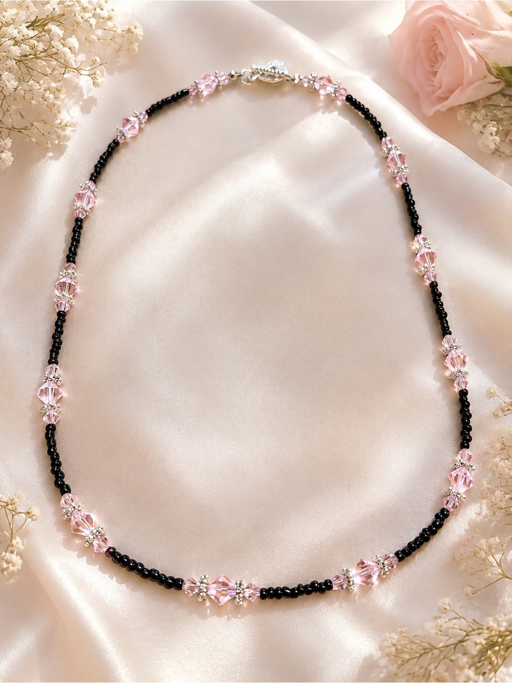 Handcrafted Pink & Black Crystal Beaded Necklace